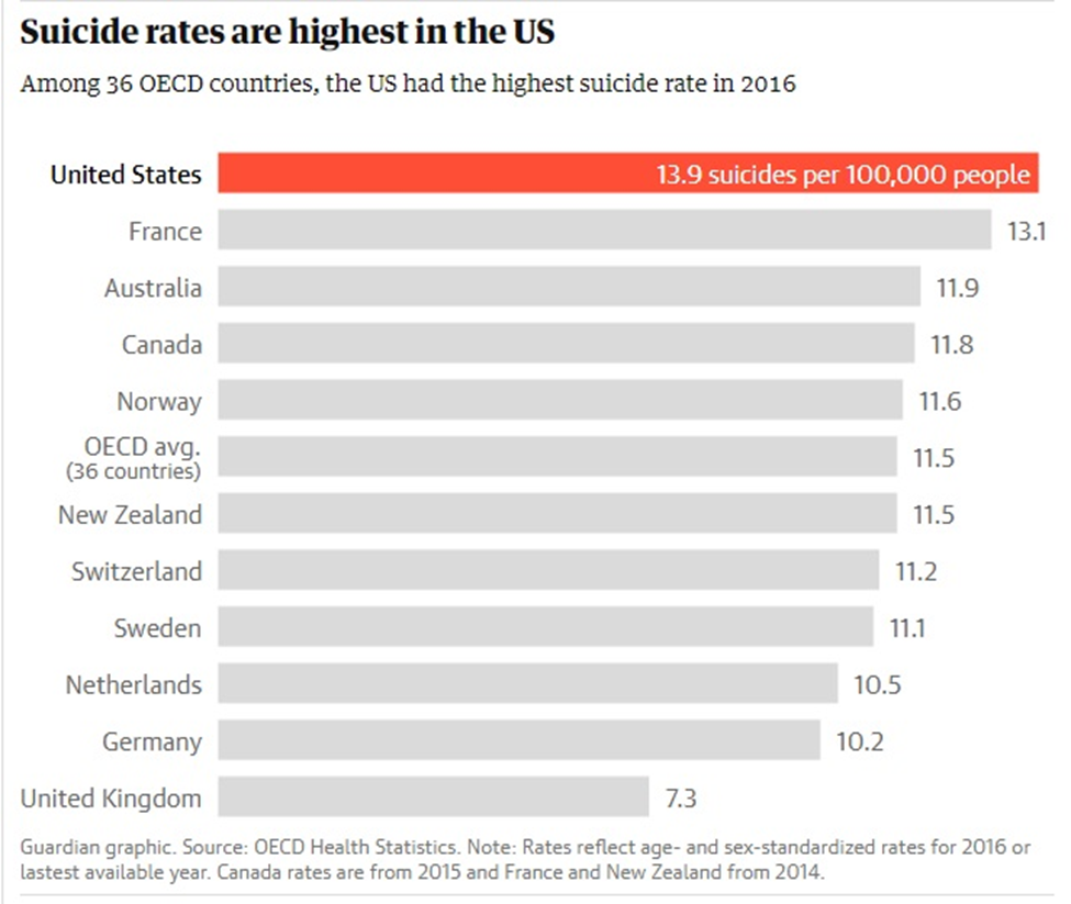 آمریکا بالاترین آمار خودکشی در میان کشورهای ثروتمند جهان را دارد