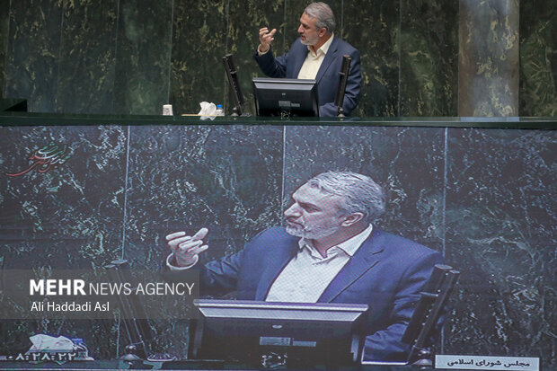 سید رضا فاطمی امین، وزیر صنعت، معدن و تجارت در حال سخنرانی در جلسه علنی مجلس شورای اسلامی است