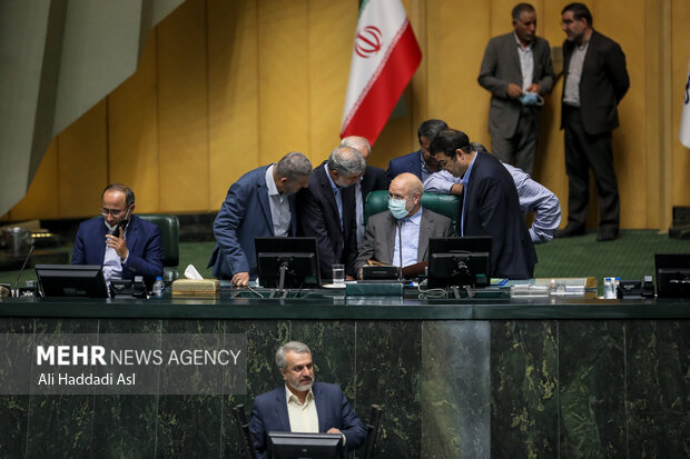 سید رضا فاطمی امین، وزیر صنعت، معدن و تجارت در حال سخنرانی در جلسه علنی مجلس شورای اسلامی است