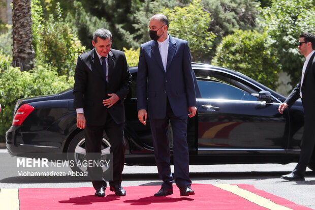 حسین امیرعبداللهیان وزیر امور خارجه ایران در حال استقبال از رشید مردوف وزیر خارجه ترکمنستان است