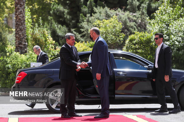 حسین امیرعبداللهیان وزیر امور خارجه ایران در حال استقبال از رشید مردوف وزیر خارجه ترکمنستان است
