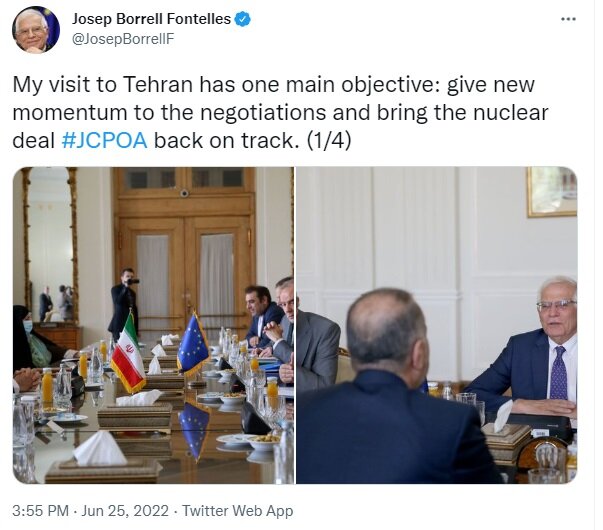 جوزف بورل: به منظور شتاب دادن به مذاکرات وین به تهران آمدهام