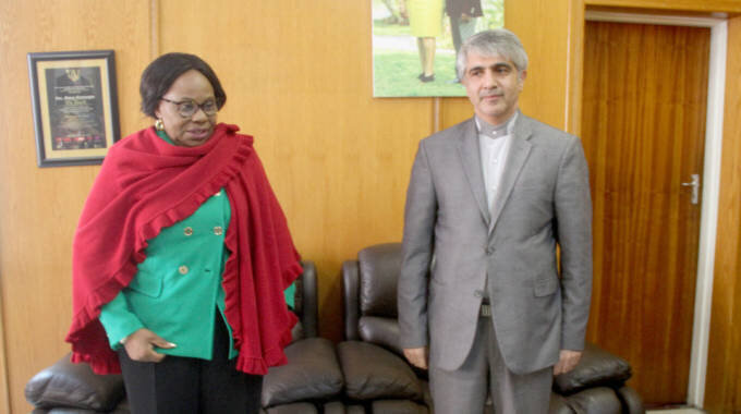 Zimbabwean Information, Publicity and Broadcasting Services Minister Monica Mutsvangwa (L) speaks with Iranian Ambassador to Zimbabwe Abbas Navazani in Harare on Wednesday.