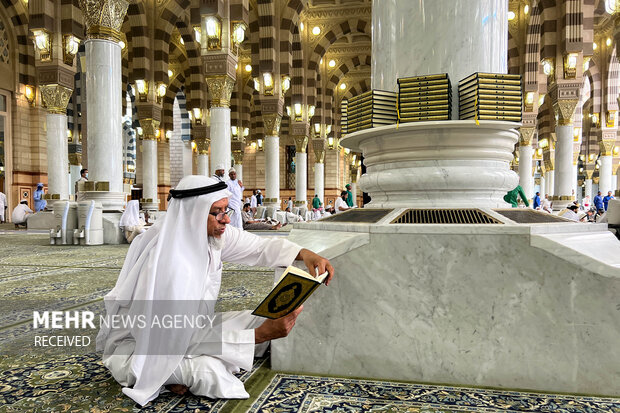 یکی از زائران در حال مناجات خوانی در مسجد النبی (ص) هستند
