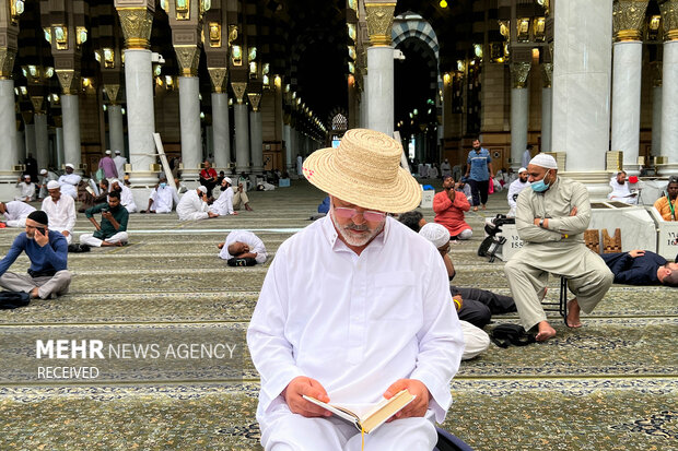 یکی از زائران در حال مناجات خوانی در مسجد النبی (ص) هستند