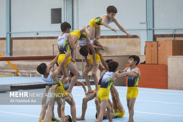ورزشکاران در حال تمرین در مراسم افتتاح خانه ژیمناستیک شهید آذرپی در فدراسیون ژیمناستیک هستند