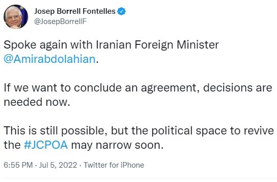 EU's Borrell says held call with Iran FM on JCPOA talks