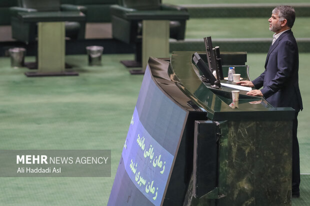 سیدجواد ساداتی نژاد وزیر جهاد کشاورزی در حال سخنرانی در صحن علنی مجلس شورای اسلامی است