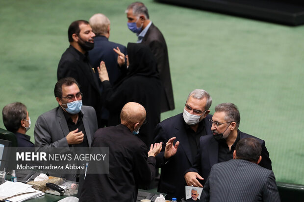 بهرام عین اللهی وزیر بهداشت در حال گفتگو با بیژن نوباوه نماینده مردم تهران در صحن علنی مجلس شورای اسلامی است