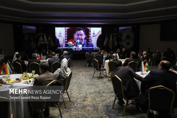  لوئیس آلبرتو آرخه رئیس جمهور بولیوی در حال سخنرانی بصورت ویدئو کنفرانس در مراسم صد و نود و هفتمین سالگرد استقلال بولیوی است