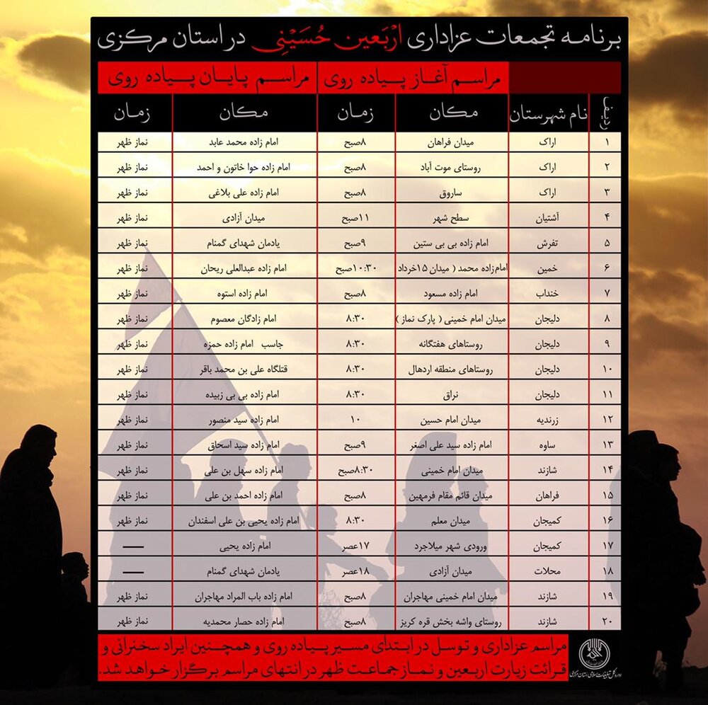 برنامه پیادهروی و عزاداری اربعین حسینی در استان مرکزی اعلام شد
