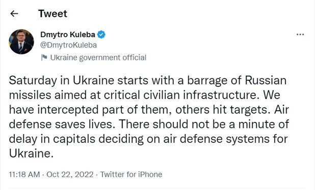 کولبا: حتی یک دقیقه تأخیر نکید؛ به اوکراین پدافند هوایی بدهید