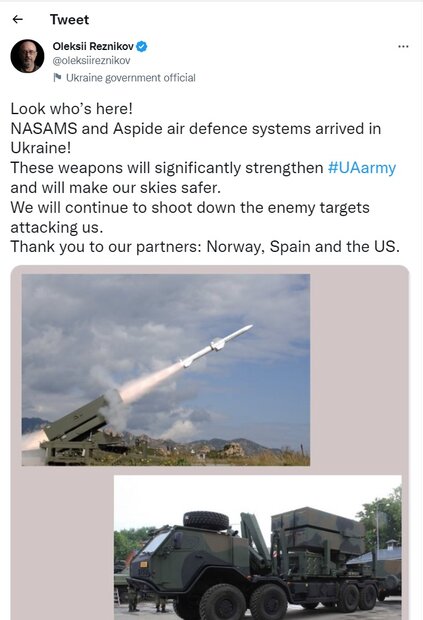 اوکراین سامانه‌های پدافند هوایی «ناسامز» و «اسپاید» دریافت کرد