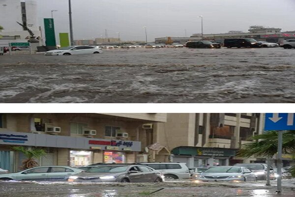 بارش شدید باران در عربستان/ سیل خودروها را با خود برد+ فیلم 