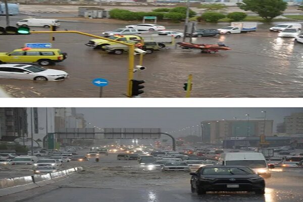 بارش شدید باران در عربستان/ سیل خودروها را با خود برد+ فیلم 
