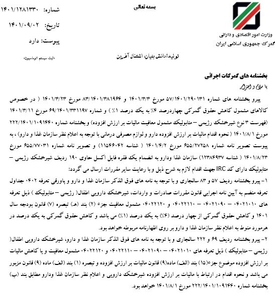 حقوق گمرکی شیر خشک دارویی به یک درصد کاهش یافت