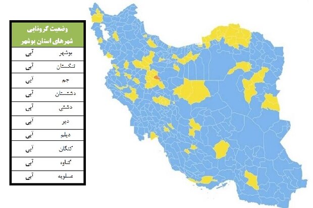 همه شهرهای استان بوشهر در وضعیت آبی کرونایی قرار دارند همه شهرهای استان بوشهر در وضعیت آبی کرونایی قرار دارند