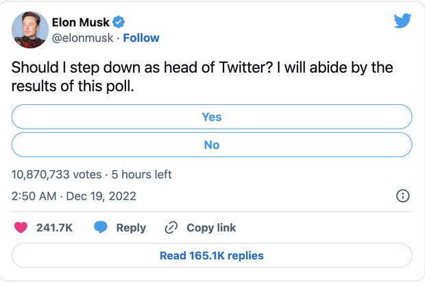 ماسک درباره کناره گیری از سمتش در توئیتر نظرسنجی می کند