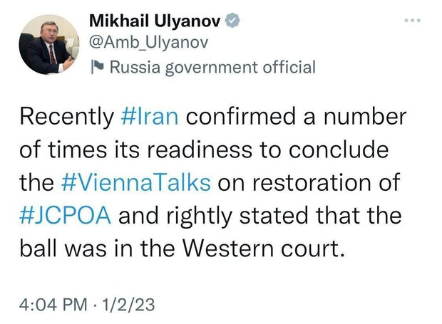 اولیانوف: ایران به درستی اعلام کرد که توپ در زمین غرب است