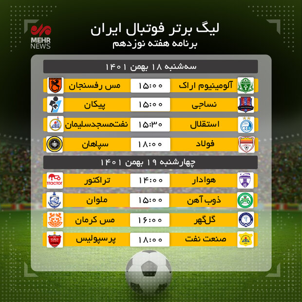 برنامه کامل هفته نوزدهم رقابت‌های لیگ برتر فوتبال ایران