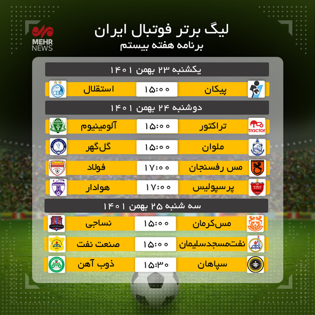 برنامه هفته بیستم لیگ برتر فوتبال ایران