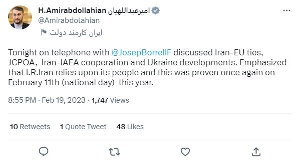 FM Amir-Abdollahian holds phone call with EU's Borrell 