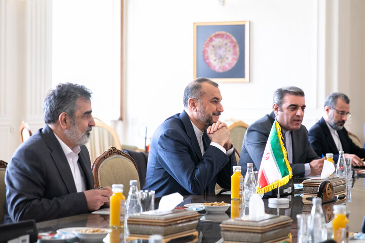 حسین امیر عبداللهیان  وزیر امور خارجه ایران حال گفتگو با رافائل گروسی دیر کل آژانس بین المللی انرژی اتمی  است