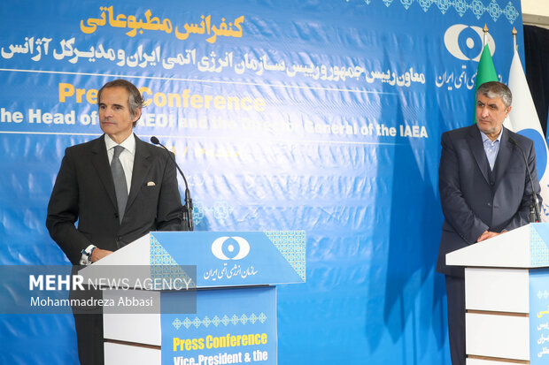 محمد اسلامی رئیس سازمان انرژی اتمی ایران و رافائل گروسی مدیر کل آژانس بین المللی انرژی اتمی در یک کنفرانس خبری حضور دارند