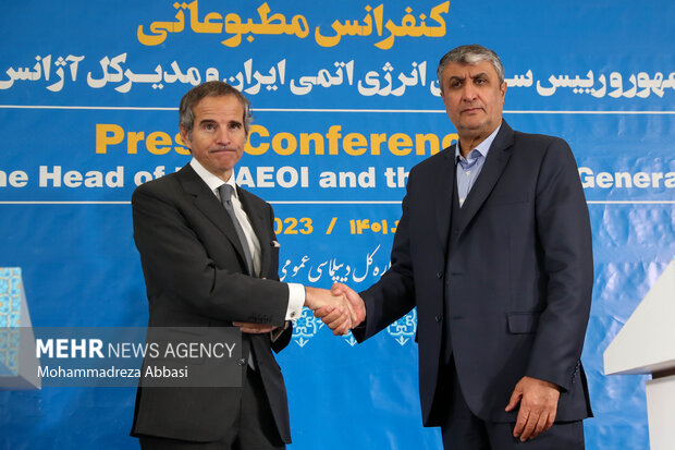محمد اسلامی رئیس سازمان انرژی اتمی ایران و رافائل گروسی مدیر کل آژانس بین المللی انرژی در حال گرفتن عکس یادگاری در انتهای کنفرانس مطبوعاتی مشترک هستند