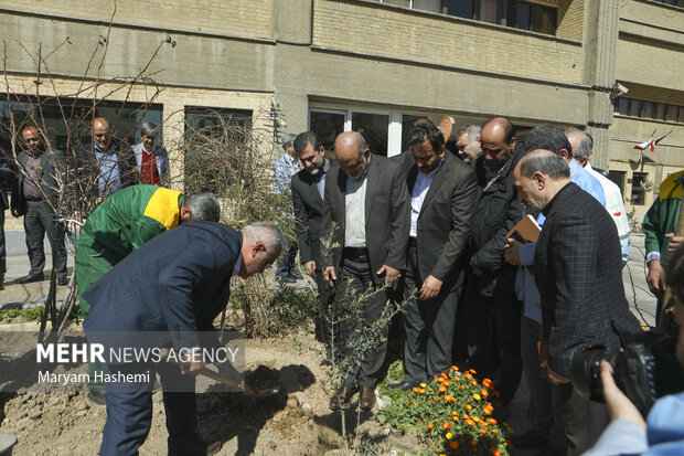 احمد وحیدی وزیر کشور به مناسبت روز درختکاری  در حال غرس نهال در حیاط وزارت کشور است