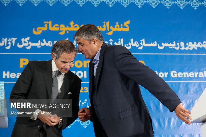 محمد اسلامی رئیس سازمان انرژی اتمی ایران در حال گفتگو با رافائل گروسی مدیر کل آژانس بین المللی انرژی اتمی در کنفرانس مطبوعاتی مشترک هستند