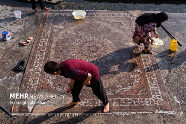 خانواده ای افغانستانی ساکن شهر ری از صبح زود مشغول شست شوی فرش ها در چشمه علی هستند