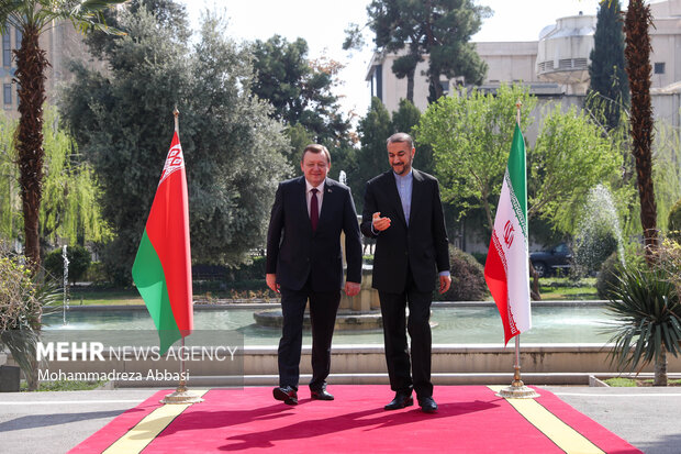 حسین امیر عبداللهیان وزیر امور خارجه ایران در حال استقبال از سرگئی آلینیک  وزیر خارجه بلاروس در محل دیدار وزرای خارجه ایران و بلا روس است 