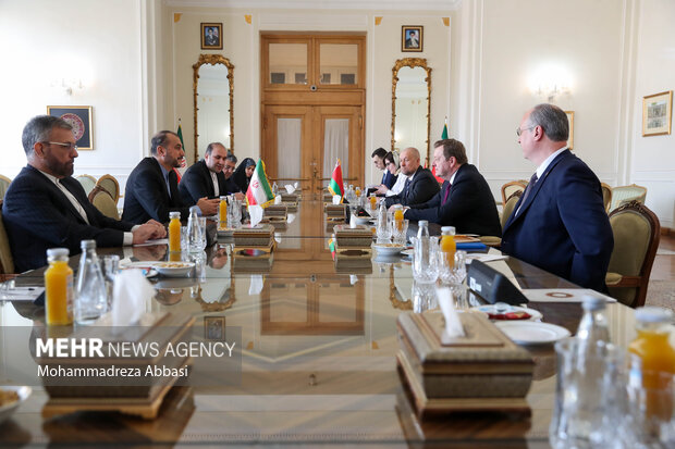 حسین امیر عبداللهیان وزیر امور خارجه ایران در حال گفتگو با  سرگئی آلینیک  وزیر خارجه بلاروس 
در محل دیدار وزرای خارجه ایران و بلا روس است