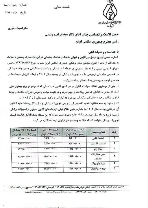 نامه مهم رئیس سازمان نظام پزشکی به رئیسی