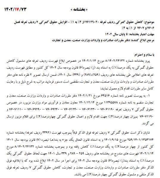 حقوق گمرکی ۷ ردیف تعرفه کالایی به ۴ درصد افزایش یافت