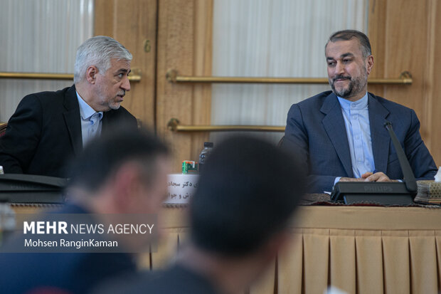 حسین امیرعبداللهیان وزیر امور خارجه و سید حمید سجادی وزیر ورزش و جوانان در نشست مشترک وزرای امور خارجه و ورزش حضور دارند