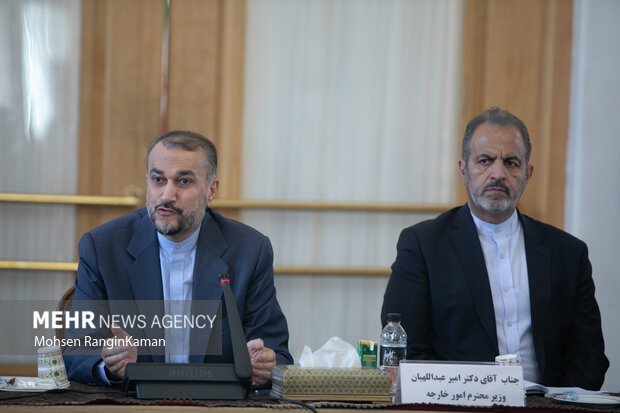 حسین امیرعبداللهیان وزیر امور خارجه در حال سخنرانی در نشست مشترک وزرای امور خارجه و ورزش است