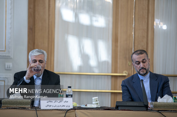 حسین امیرعبداللهیان وزیر امور خارجه و سید حمید سجادی وزیر ورزش و جوانان در نشست مشترک وزرای امور خارجه و ورزش حضور دارند