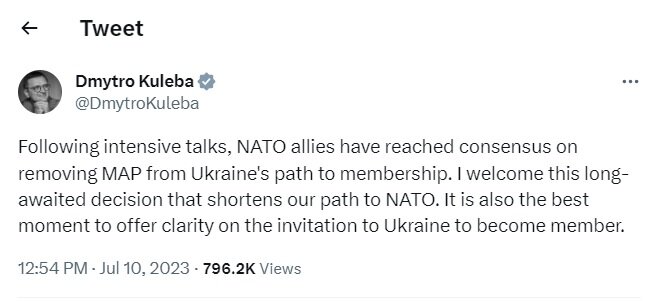 کولبا: ناتو با تسریع روند عضویت اوکراین موافقت کرده است