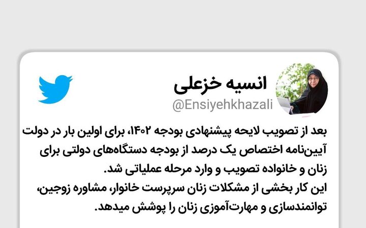 اختصاص یک درصد از بودجه دستگاههای دولتی به زنان و خانواده