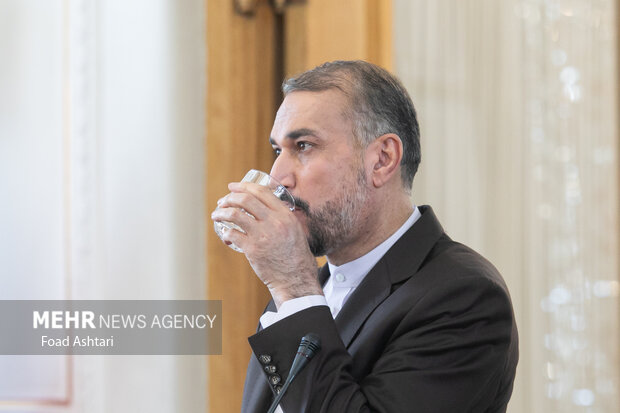 حسین امیر عبدالهییان وزیر امور خارجه ایران  در نشست خبری وزرای خارجه سوریه و ایران حضور دارد