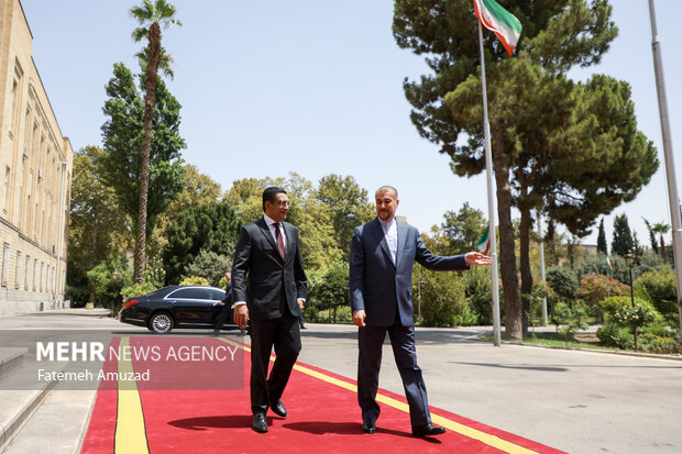 حسین امیرعبدالهییان وزیر خارجه ایران در حال استقبال از علی صبری، وزیر امور خارجه سریلانکا در محل دیدار وزرای خارجه سریلانکا و ایران است