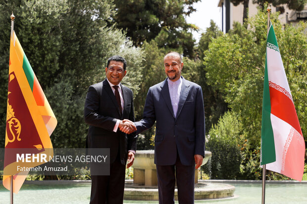 حسین امیرعبدالهییان وزیر خارجه ایران  و  علی صبری، وزیر امور خارجه سریلانکا در حال گرفتن عکس یادگاری در محل دیدار وزرای خارجه سریلانکا و ایران هستند