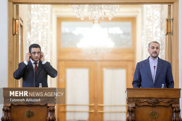 علی صبری، وزیر امور خارجه سریلانکا و حسین امیر عبدالهییان وزیر خارجه ایران در کنفرانس مطبوعاتی مشترک پس از دیدار وزرای خارجه سریلانکا و ایران حضور دارند