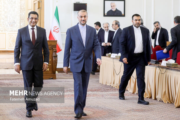 علی صبری، وزیر امور خارجه سریلانکا و حسین امیر عبدالهییان وزیر خارجه ایران  در حال ترک محل برگزاری کنفرانس مشترک وزرای خارجه ایران و سریلانکا هستند 