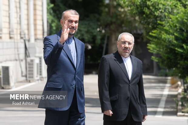 حسین امیرعبدالهییان وزیر امور خارجه ایران در حال استقبال از زمبری عبدالقادر وزیر خارجه مالزی در محل دیدار وزرای خارجه ایران و مالزی است