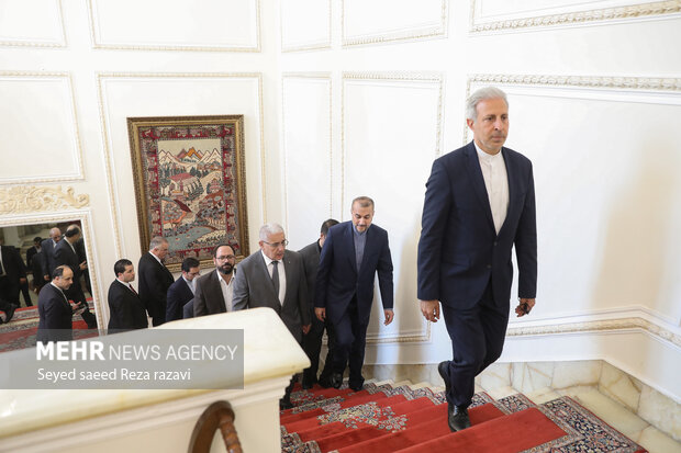 حسین امیرعبدالهییان وزیر امور خارجه ایران در حال استقبال از ابراهیم بوغالی، رئیس مجلس الجزایر در محل دیدار وزیر خارجه با رئیس مجلس الجزایر است