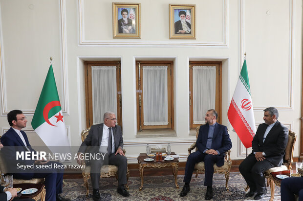 حسین امیرعبدالهییان وزیر امور خارجه ایران و ابراهیم بوغالی، رئیس مجلس الجزایر در حال گفتگو با یکدیگر هستند