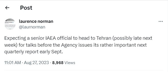 لارنس نورمن:مقام ارشد آژانس بین‌المللی انرژی اتمی به تهران می‌آید
